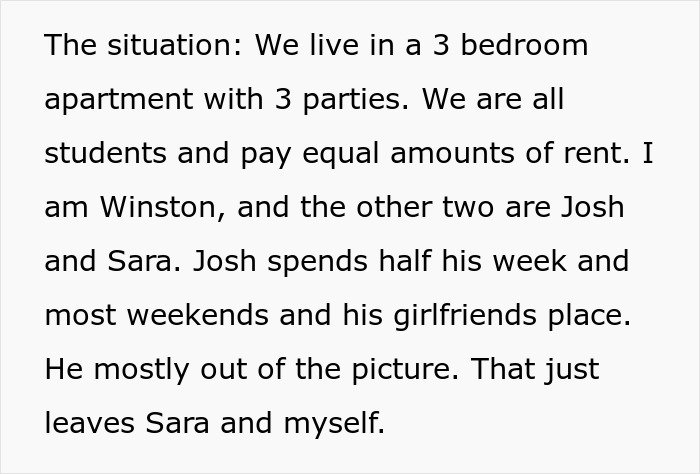 Text showing a roommate situation in a 3-bedroom apartment with unclear rent sharing and social dynamics.