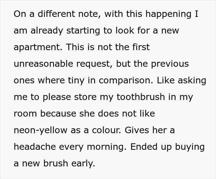 Text excerpt discussing unreasonable roommate requests leading to looking for a new apartment in a shared living situation.