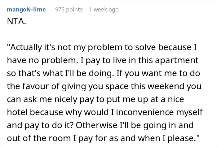 Reddit comment explaining why a guy refuses to pay for a hotel to help his roommate lie to her conservative family.