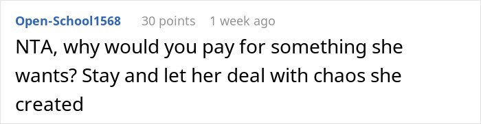Screenshot of an online comment arguing against paying for a hotel to help a roommate lie to her conservative family.