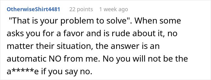 Screenshot of a Reddit comment about refusing to pay for a hotel to support a roommate’s situation with her family.