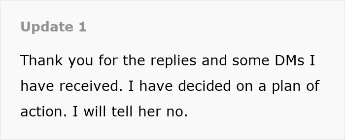 Text update on a screen showing a decision to say no about paying for a hotel to support a roommate’s plan.