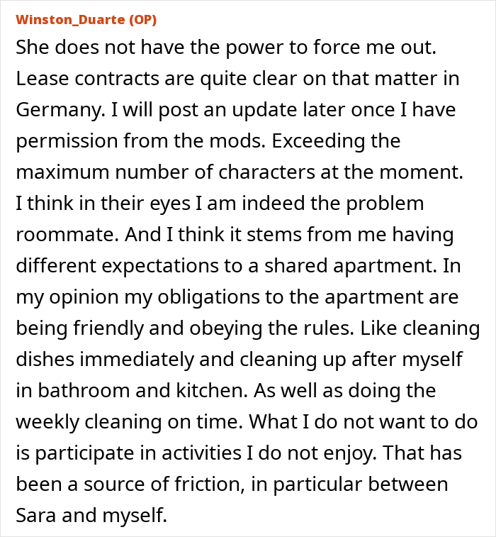 Text post from Winston_Duarte discussing lease contracts, roommate issues, and cleaning responsibilities in a shared apartment.