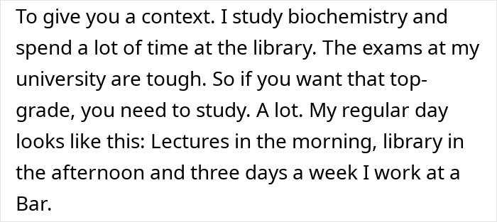 Text excerpt describing a student’s daily routine studying biochemistry and working at a bar while managing tough university exams.