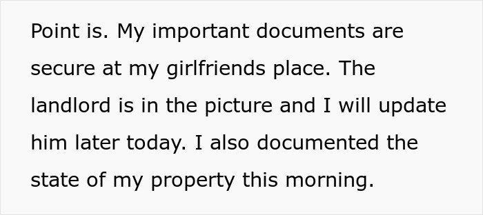 Text message discussing important documents secured at a girlfriend's place and updating landlord on property status.