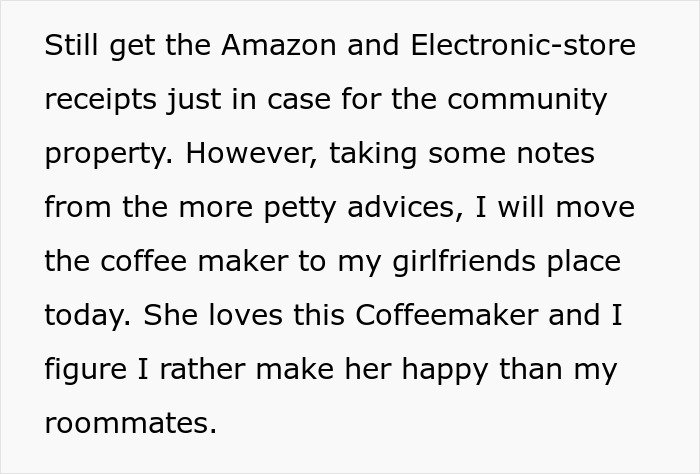 Text discussing moving a coffee maker to girlfriend’s place to avoid conflicts with roommates and foster happiness.
