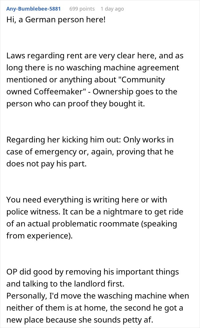 Comment about tenant laws and roommate disputes related to refusing to pay rent and helping with roommate issues.