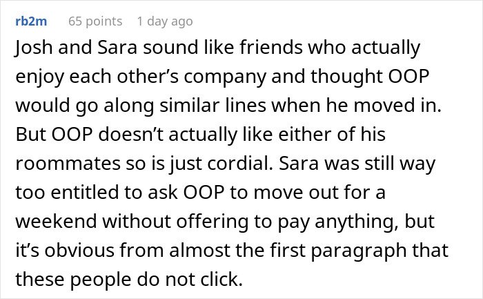 Reddit comment discussing a guy refusing to pay for a hotel to help his roommate lie to her conservative family.