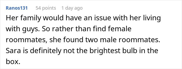Screenshot of a Reddit comment discussing a guy refusing to pay for a hotel to help his roommate lie to her conservative family.