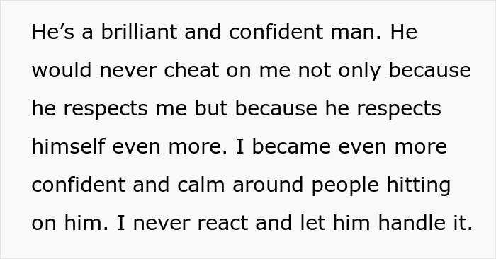 Text excerpt showing a woman venting about her husband leaving her due to trust and lack of jealousy in their relationship.
