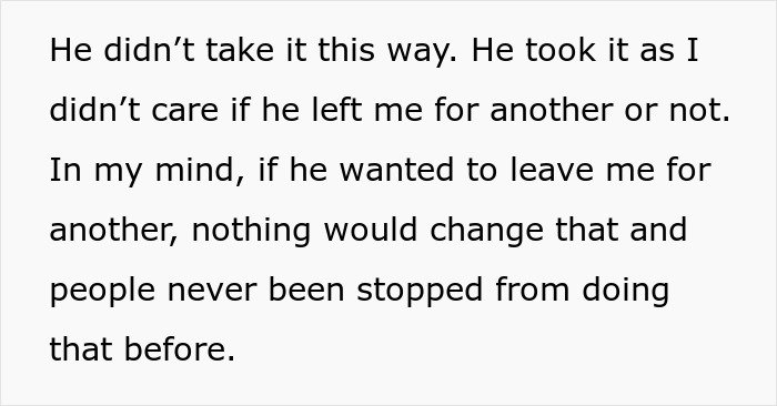 Text excerpt showing a woman venting about her husband leaving her because she trusts him and doesn’t get jealous.