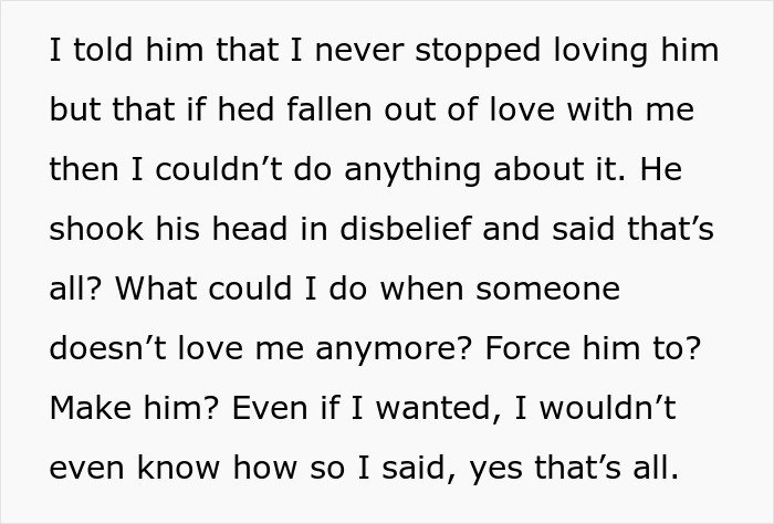 Text excerpt showing a woman venting about her husband leaving her because she trusts him and does not get jealous.