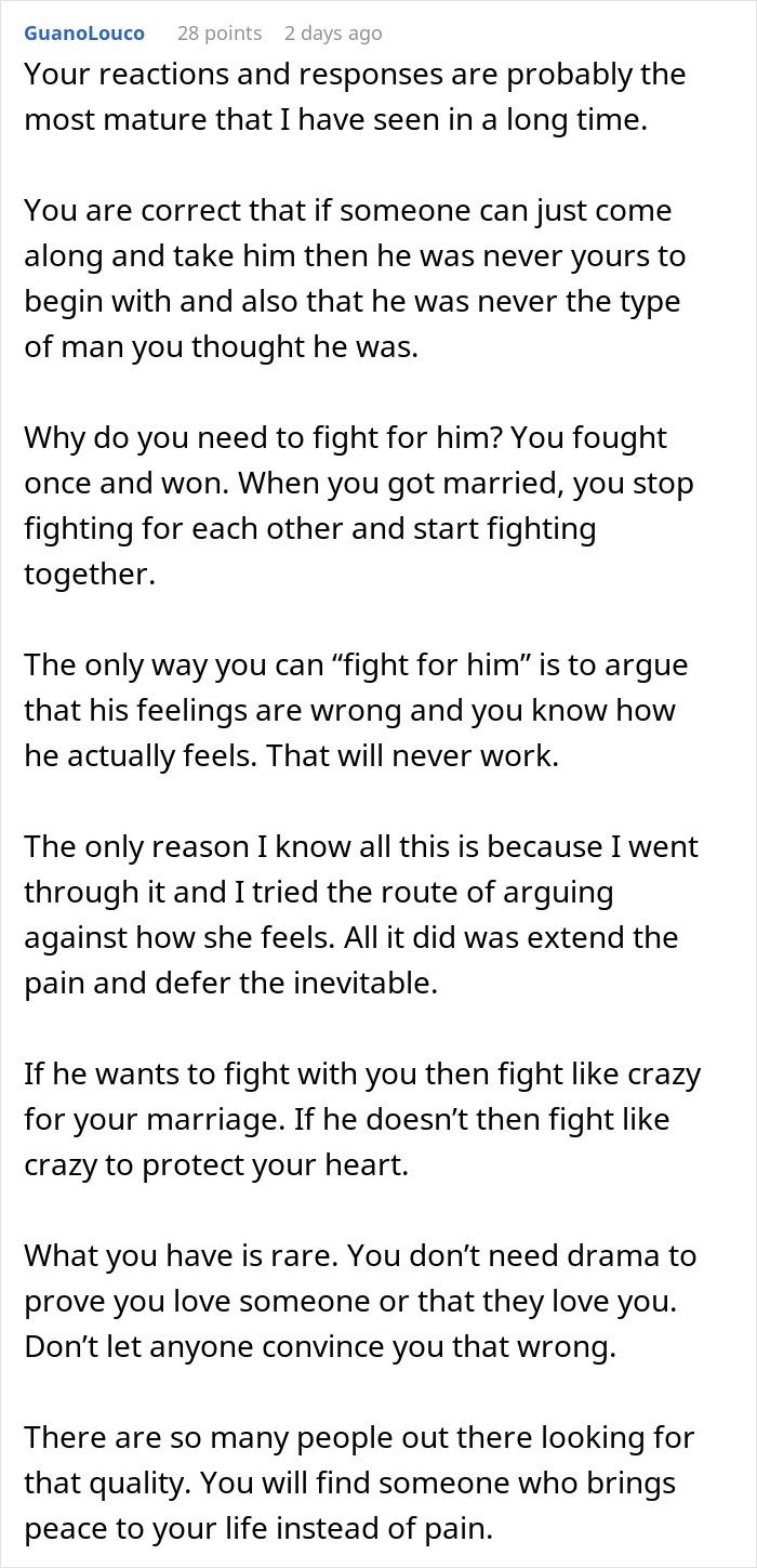 Comment discussing a woman venting about her husband leaving her due to trust and lack of jealousy in their relationship.