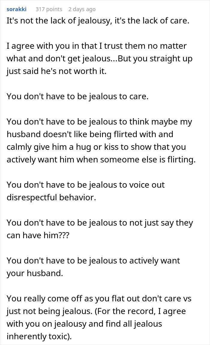 Comment discussing a woman venting about her husband leaving, focusing on trust and not getting jealous.