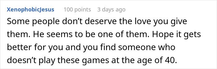 Comment expressing frustration about husband leaving due to trust and lack of jealousy in their relationship.