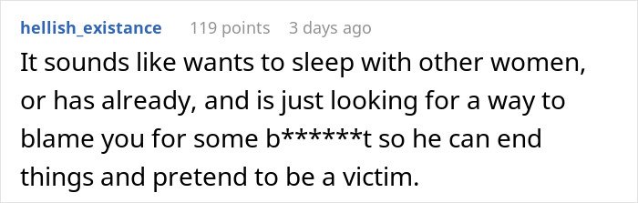 Comment text from a user venting about husband leaving due to trust and lack of jealousy concerns.