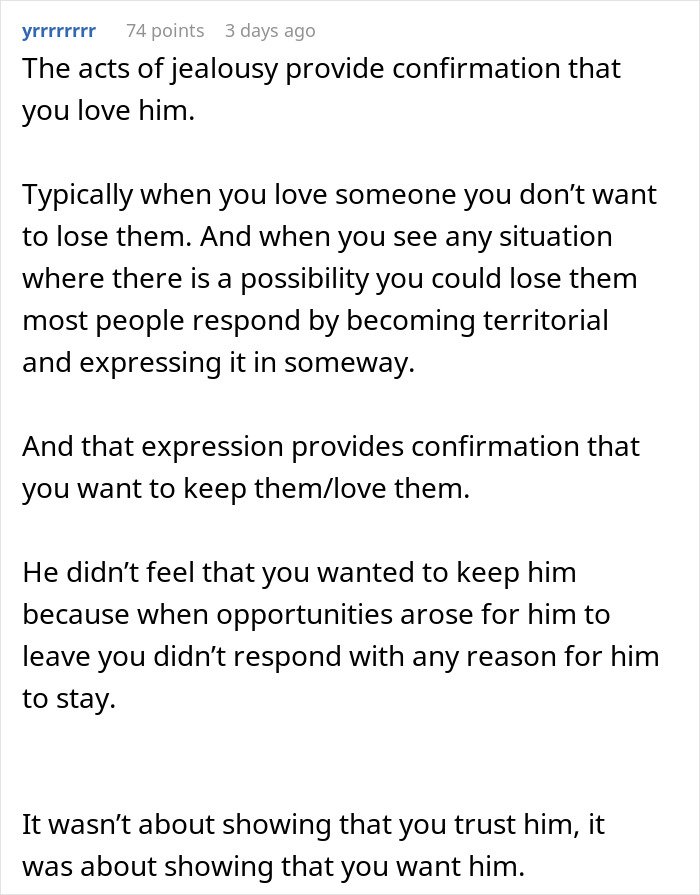 Text post explaining how jealousy confirms love, and trusting husband without jealousy led to him leaving.