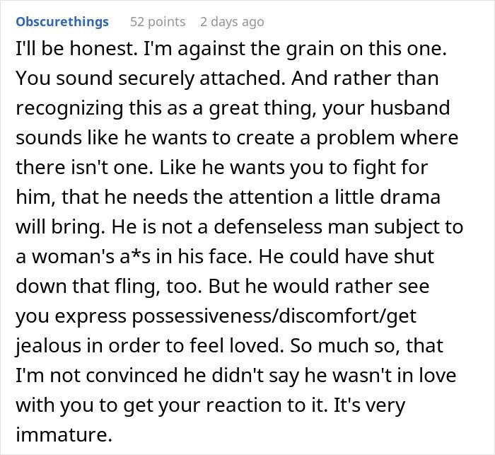 Text post discussing a woman venting about her husband leaving her due to trust and lack of jealousy.