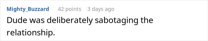 Comment reading Dude was deliberately sabotaging the relationship on a post about woman venting about husband leaving her due to trust and no jealousy.