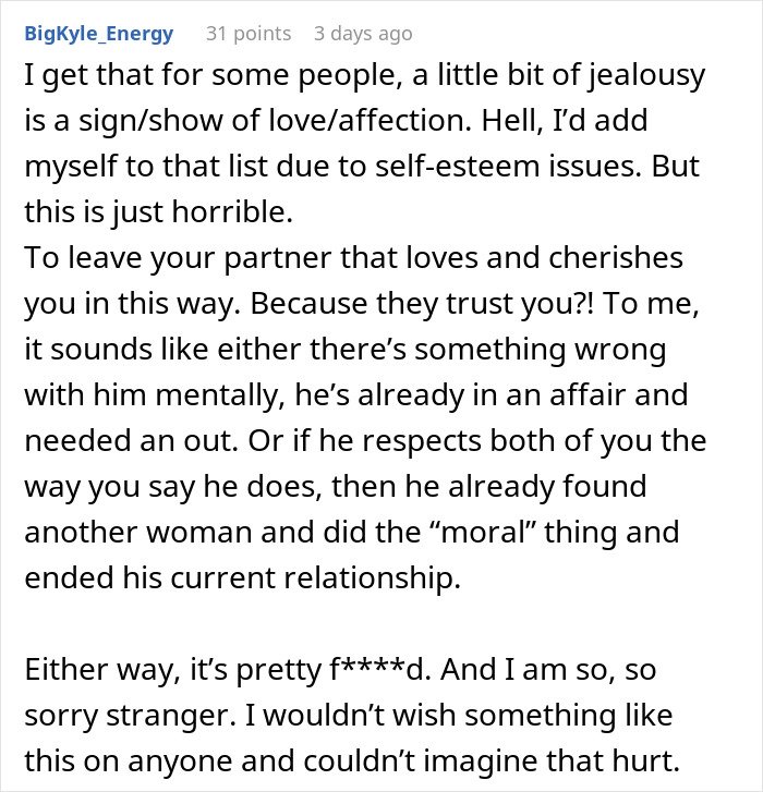 Commenter discusses jealousy, trust, and relationship issues after husband leaves woman who trusts him and isn’t jealous.