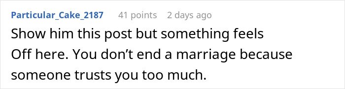 Text post showing a comment about a woman venting about husband leaving her despite trust and lack of jealousy.