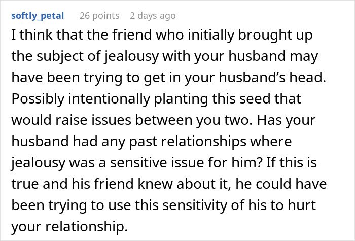 Comment discussing jealousy issues and how a friend might have influenced a husband in a trusting relationship.