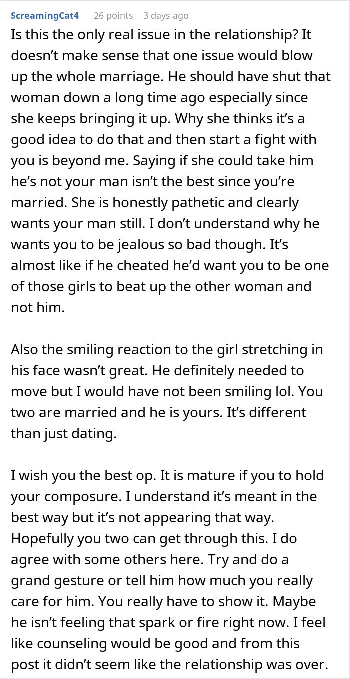 Comment discussing trust and jealousy issues in a relationship where the woman vents about her husband leaving her.