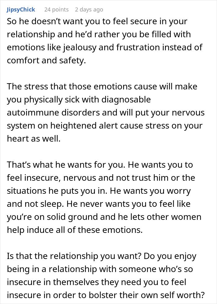 Comment discussing relationship insecurity, trust, jealousy, and emotional impact on health in a venting post.