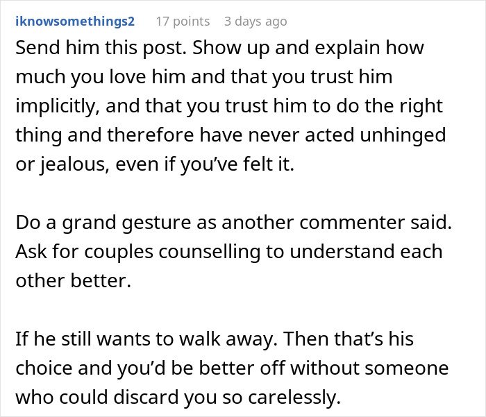 Comment advice about trusting husband and avoiding jealousy in relationships to improve communication and understanding.