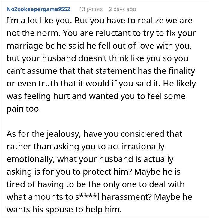 Comment discussing a woman venting about her husband leaving due to trust and lack of jealousy in their marriage issues.