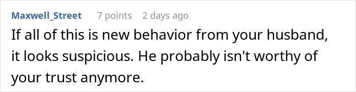 Comment discussing husband’s suspicious behavior and loss of trust from a woman venting about her relationship.