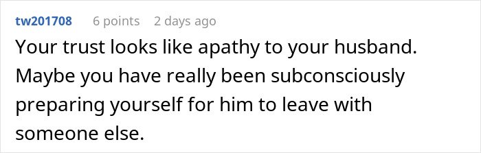 Screenshot of a woman venting about her husband leaving her due to trust and lack of jealousy issues.