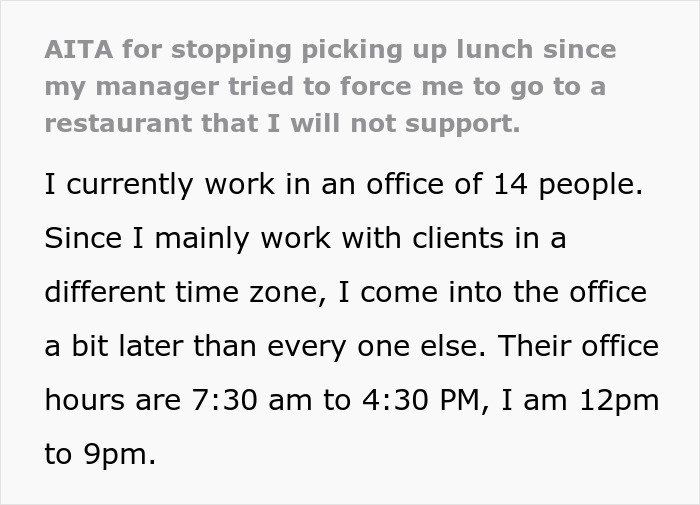Text excerpt about coworker stopping picking up lunches due to entitlement, leading to confrontation with police.