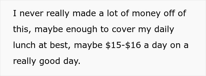 Text excerpt about making money to cover daily lunch costing around fifteen to sixteen dollars on good days.