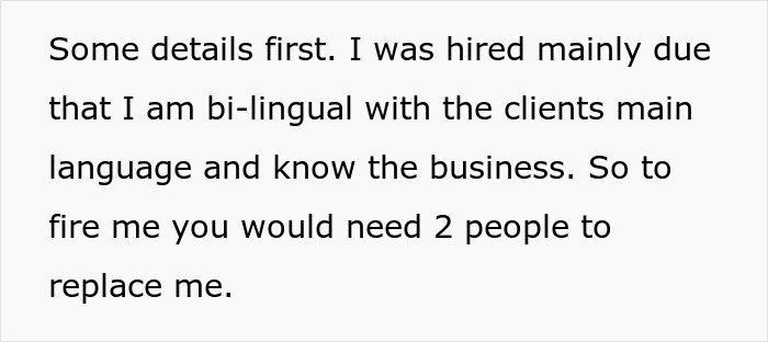 Text excerpt about being bilingual and indispensable at work related to coworker entitlement and lunch disputes.