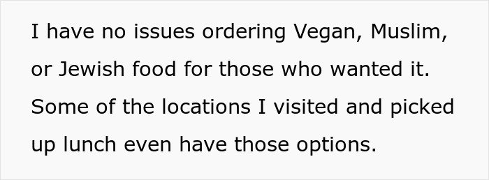Text explaining coworker&rsquo;s entitlement causing conflict when lunch pickups were stopped at the workplace.