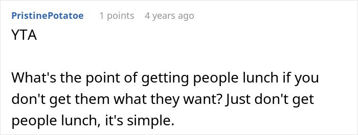 Screenshot of a Reddit comment criticizing entitlement after a coworker stops picking up lunches due to unreasonable demands.