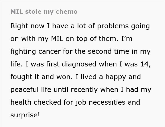 Text excerpt showing a man discussing his cancer battle and issues with his MIL, highlighting cancer and MIL conflicts.