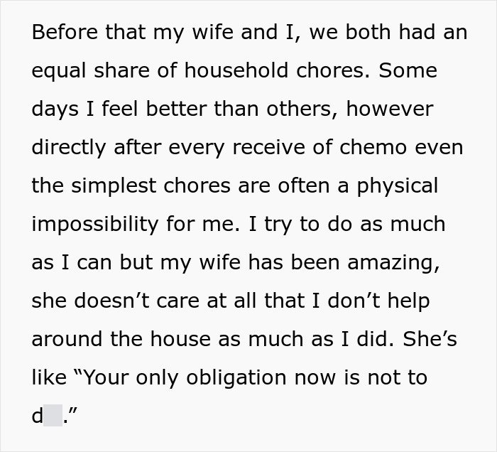 Man describing physical challenges with cancer and the impact of chemotherapy on daily household chores and support.