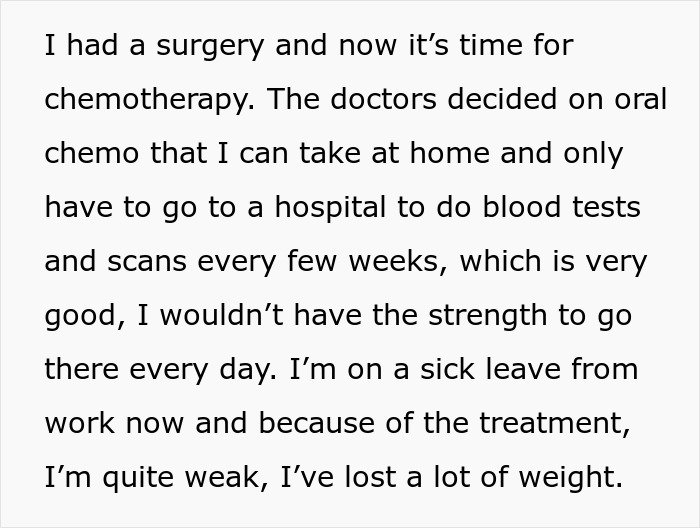 Text describing a man’s cancer treatment journey, including surgery, chemotherapy, and its impact on his body and health.