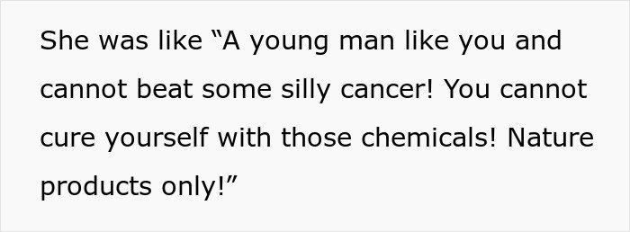 Text excerpt about a man suffering from cancer and dealing with his mother-in-law’s impact on his health.