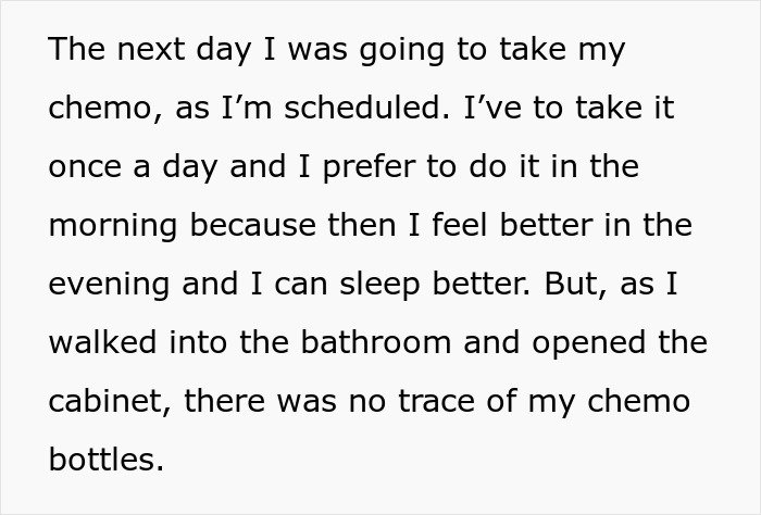 Text describing a man’s chemotherapy routine and the unexpected absence of his chemo bottles in the bathroom cabinet.