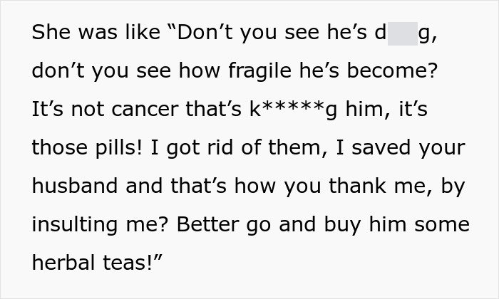 Text excerpt showing a conversation about cancer symptoms and alternative treatments involving pills and herbal teas.