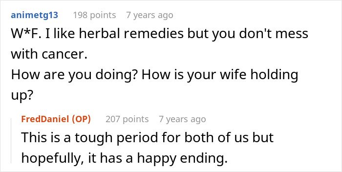 Screenshot of online conversation discussing herbal remedies and a man's tough period with cancer affecting him and his mother-in-law.