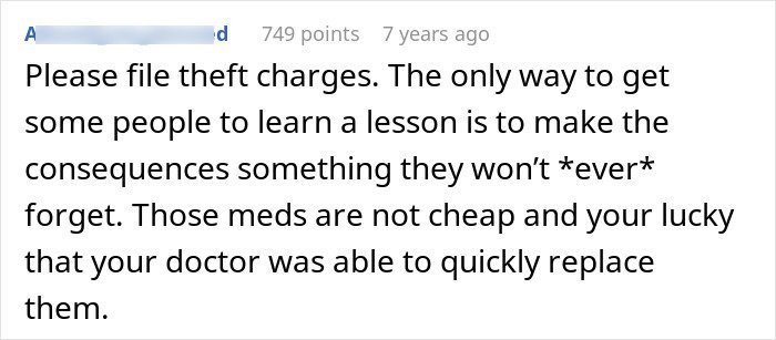 Screenshot of a comment discussing filing theft charges and the impact on someone suffering from cancer.