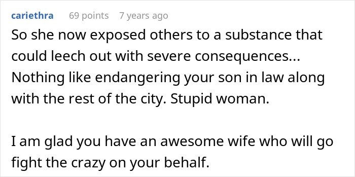 Screenshot of a comment discussing the impact of a toxic substance on a man suffering from cancer and his mother-in-law’s behavior.