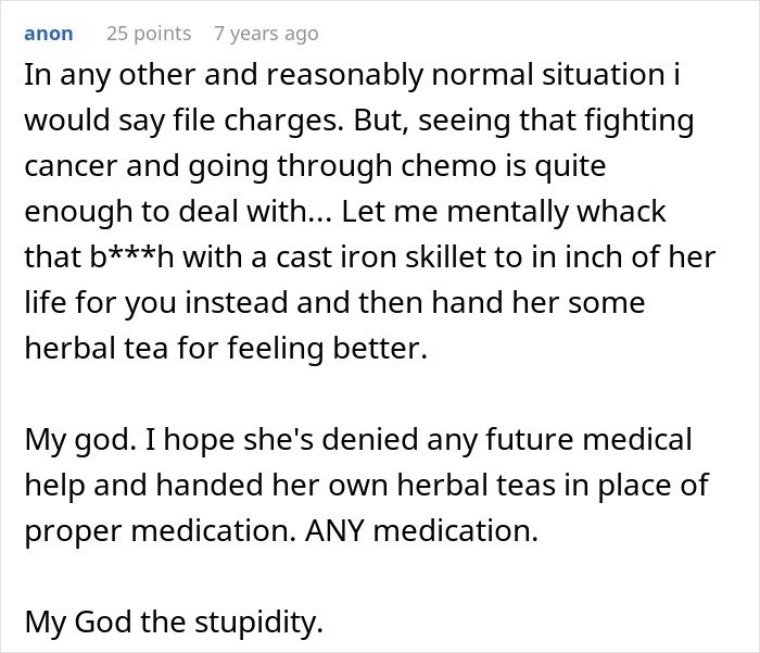 Comment discussing the struggle of a man fighting cancer and the difficulties caused by his mother-in-law’s behavior.