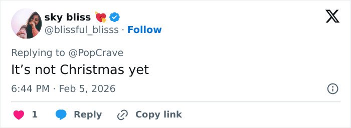 Tweet by user sky bliss saying It’s not Christmas yet, related to Mariah Carey backlash at 2026 Winter Games opening ceremony.