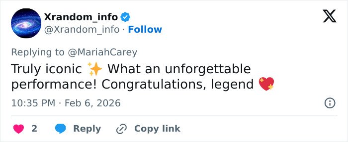Screenshot of a tweet praising Mariah Carey's 2026 Winter Games opening ceremony performance.