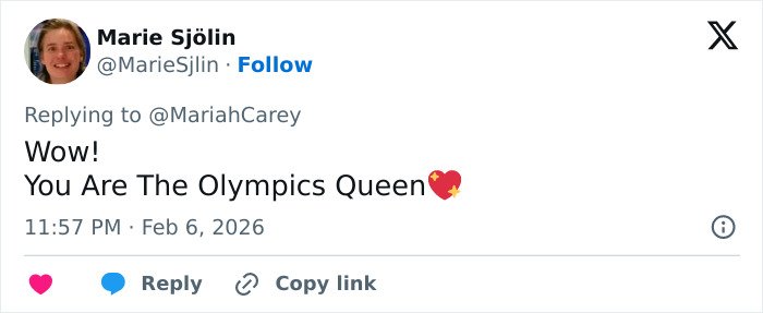 Screenshot of a tweet praising Mariah Carey as the Olympics Queen following her 2026 Winter Games performance.